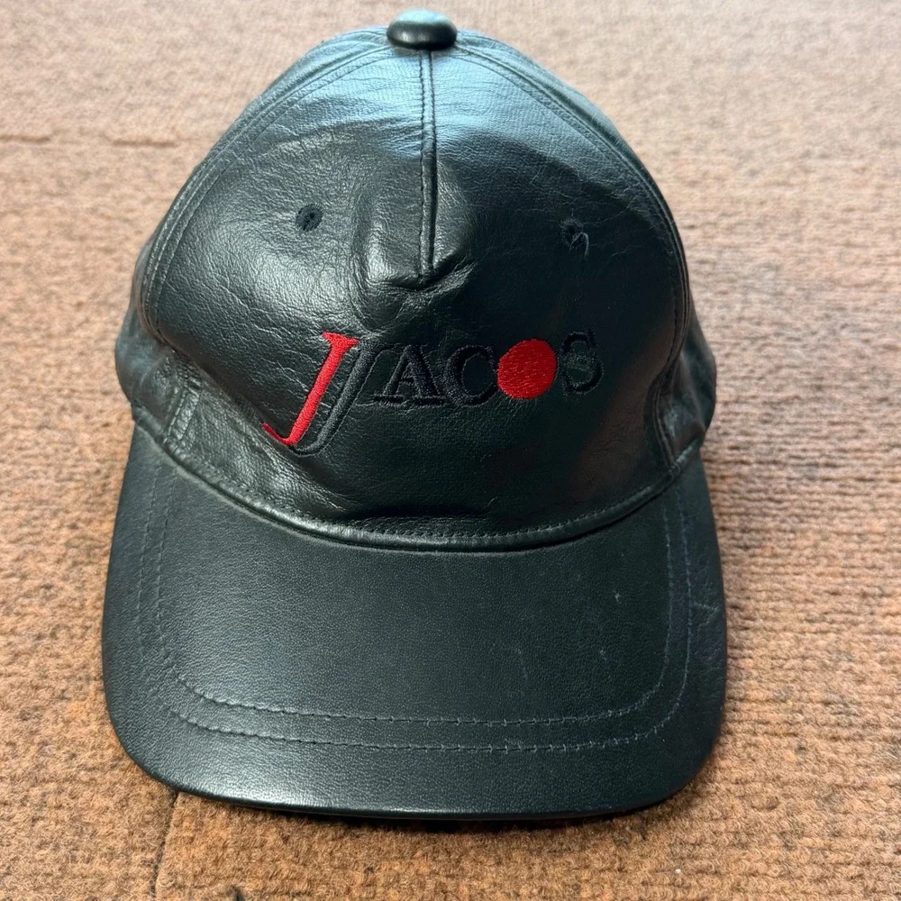 AJM International Black Leather Baseball Cap Jacos Embroidered Logo Hat 0850/8M